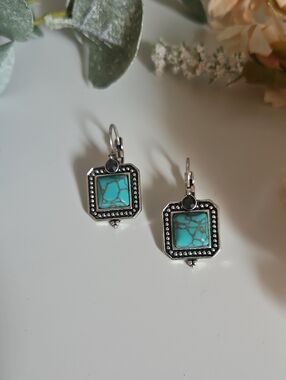 Turquoise Square Drop Earrings in Silver-Tone Frame